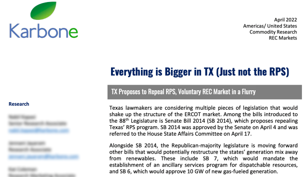 #Texas Legislation SB-2014 proposes to repeal its #RPS program, leaving the Voluntary #REC Market in a flurry. Karbone analyzes its latest developments: if enacted, it may impact the sizable #interconnection queue of #renewables in <a href="/ERCOT_ISO/">ERCOT</a>, creating a ripple effect in #supply.