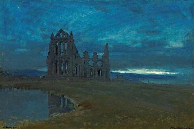 longvictorian2's tweet photo. Whitby Abbey, North Yorkshire (1910) by Albert Goodwin (1845–1932). Soaring gothic ruins, the shell of the 13th century church of the Benedictine abbey. The artist was influenced by Turner and the Pre-Raphaelites. https://t.co/N6eGFktV7m