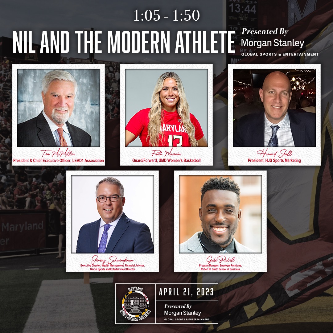 marylandsbc's tweet photo. Introducing our NIL and the Modern Athlete panel!

UMD's Gabe Pickett, Smith Program Manager of Employer Relations hosts Tom McMillen, Faith Masonius, Howard Skall, and Jeremy Schwendeman as they discuss how NIL has impacted college athletics in the past 2 years.

Buy tickets! https://t.co/4ARBu92kcI