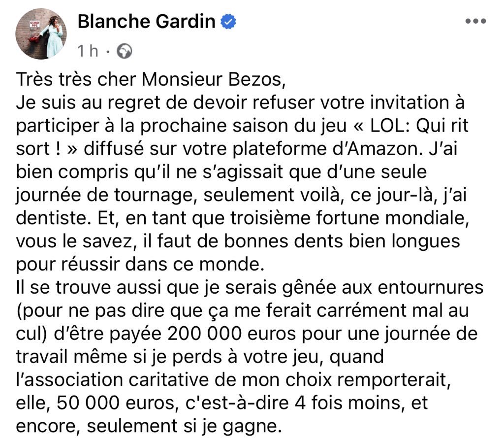 GrablyR's tweet photo. Apparemment, Blanche Gardin n’aime pas Amazon (ni l’idée d’être payée 200.000 euros par jour pour tourner dans « Lol »). https://t.co/OB0q5Uq5Ut