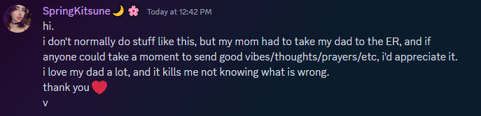 from discord.
this is one of the few times i wish i lived closer to home :(