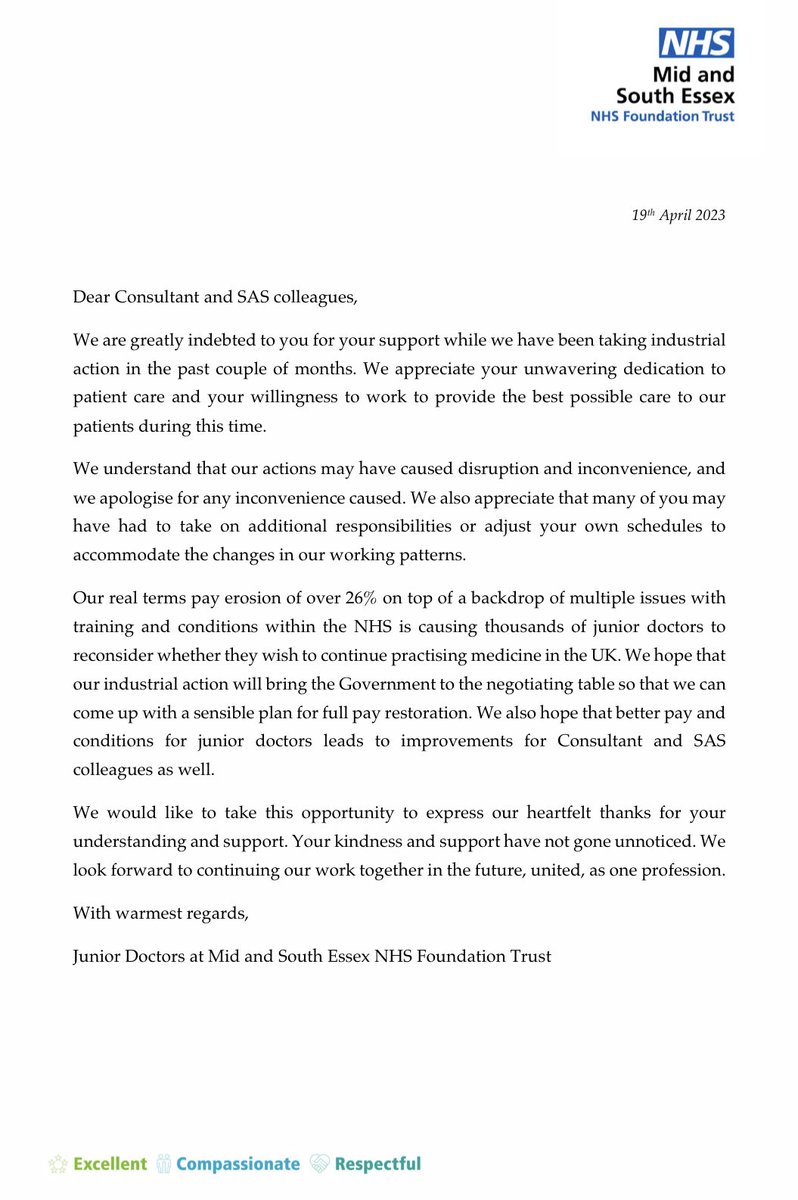 drjasondungu's tweet photo. We just got this letter from the junior doctors at our Trust thanking consultants and SAS doctors for supporting the strike. I trust they don’t mind it being shared, the tone is perfect. As stated, we are one profession and need to challenge the government to act urgently. https://t.co/QcOVXuV8Kh
