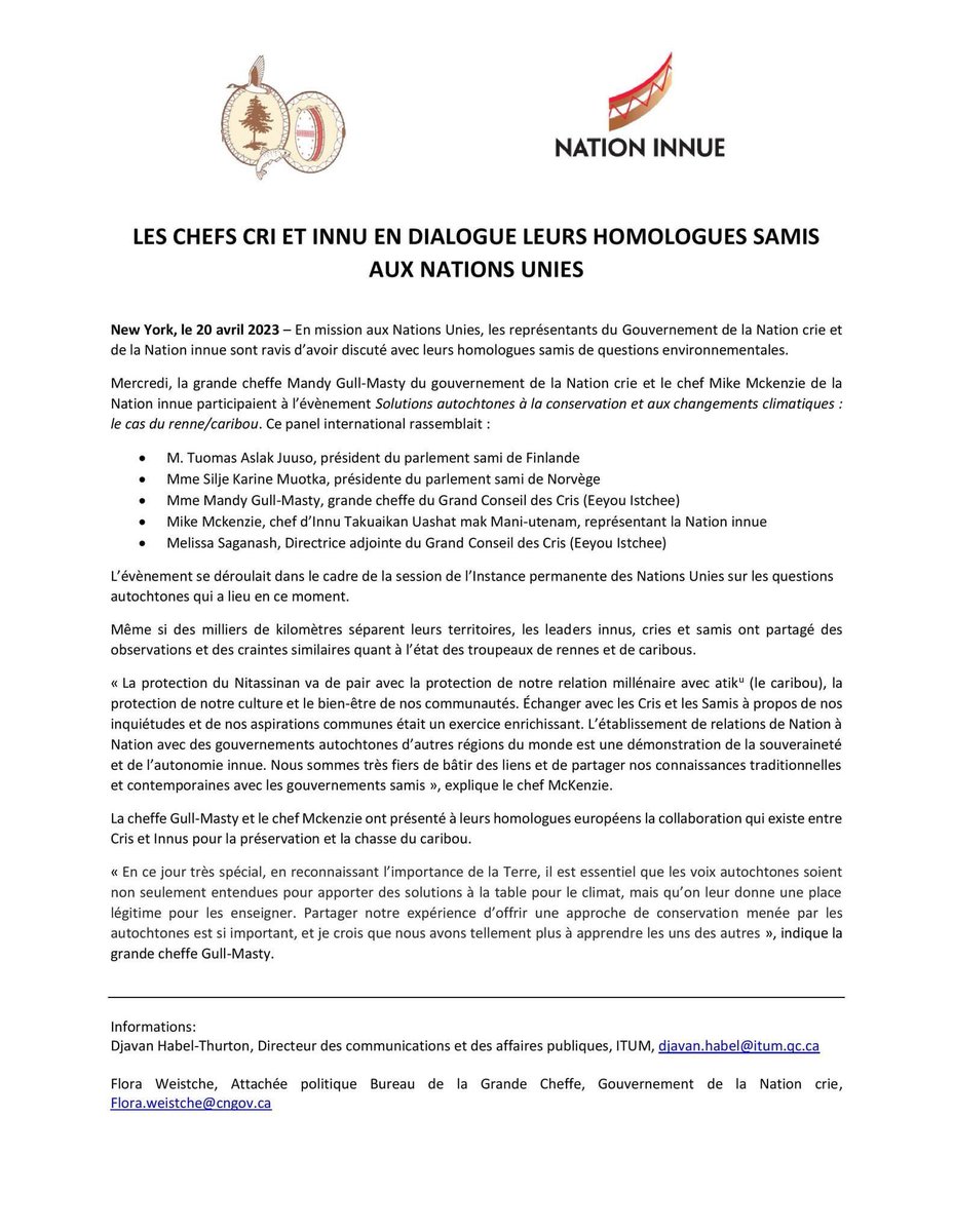 Les chefs Cri et Innu en dialogue avec leurs homologues samis aux nations unies #nationinnue  #ITUM #nationsunies #environment #solution #collaboration #UNPFII