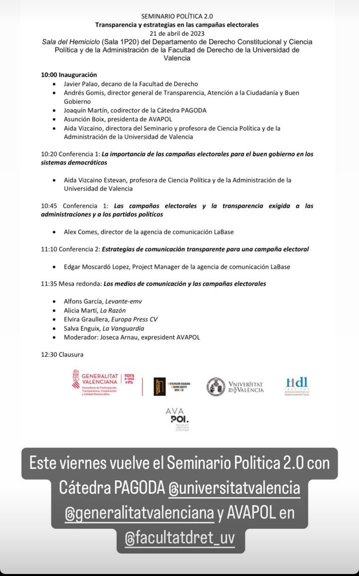 BausetVictor's tweet photo. Seminario Política 2.0 para la elecciones 2023

Mañana estaremos al Seminario Política 2.0 de la Cátedra PAGODA de la Universitat de Valencia y la Asociación Valenciana de Politología en la Facultad de Derecho de la UV.

Visita: https://t.co/now03OLod7 https://t.co/lM6McuOjJW