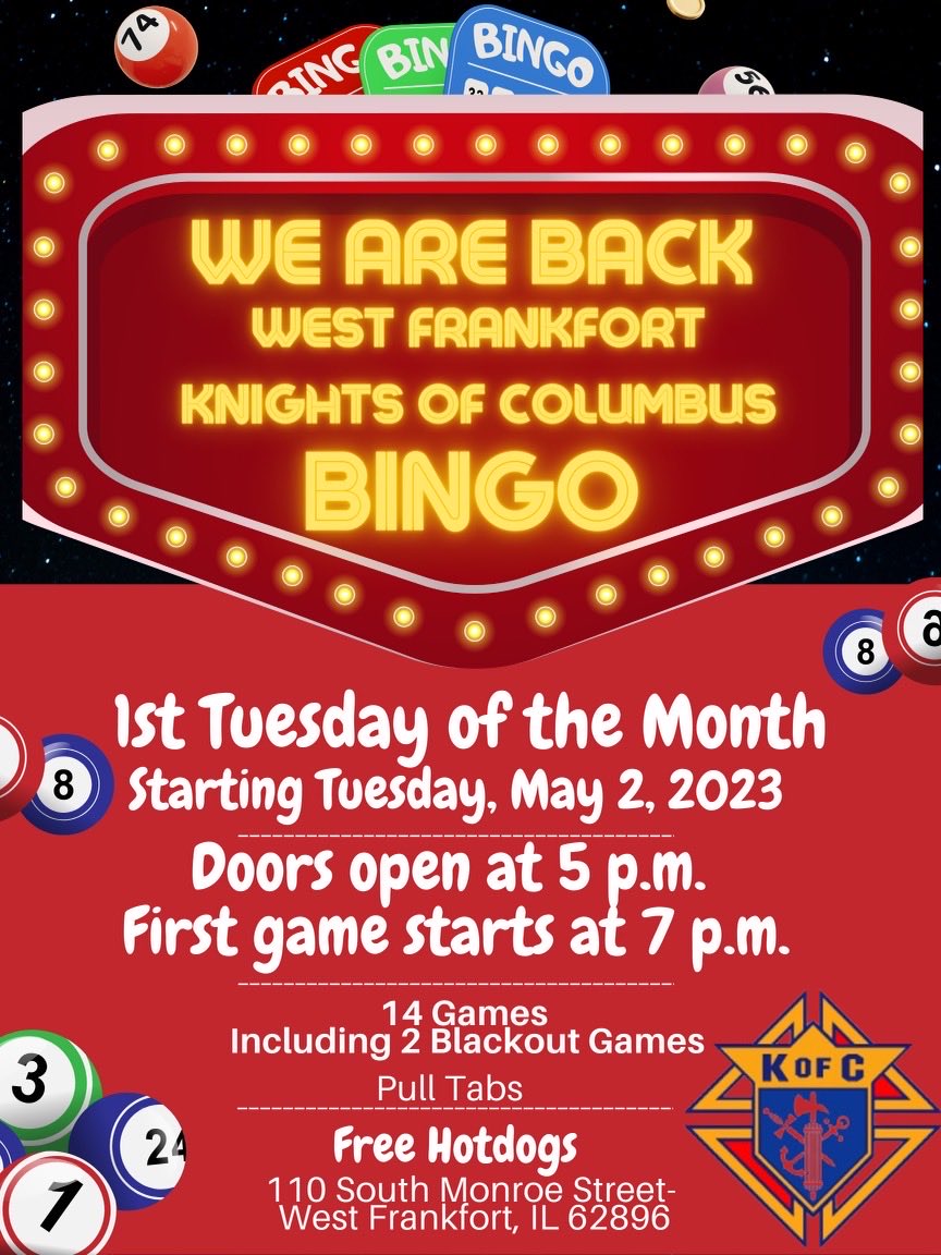 KoachK14's tweet photo. KC Bingo in West Frankfort is Back!!! Pass the word. https://t.co/FfBTUy7QEq