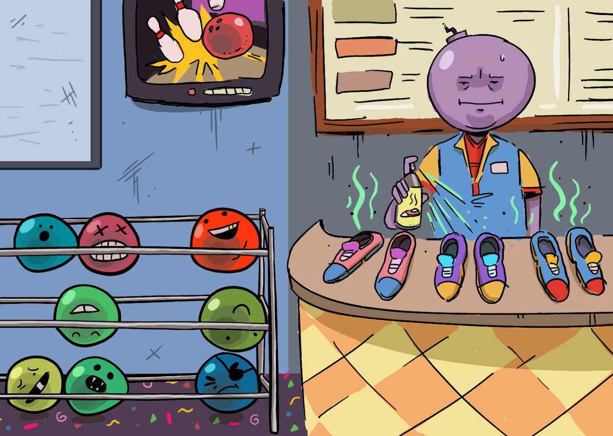 Shoe de-stinker is an important role.
🎳
#drawbomb #drawingoftheday #cartoons #animation #twitch #twitchstreamers #drawingshow #bowling #bowlingalley