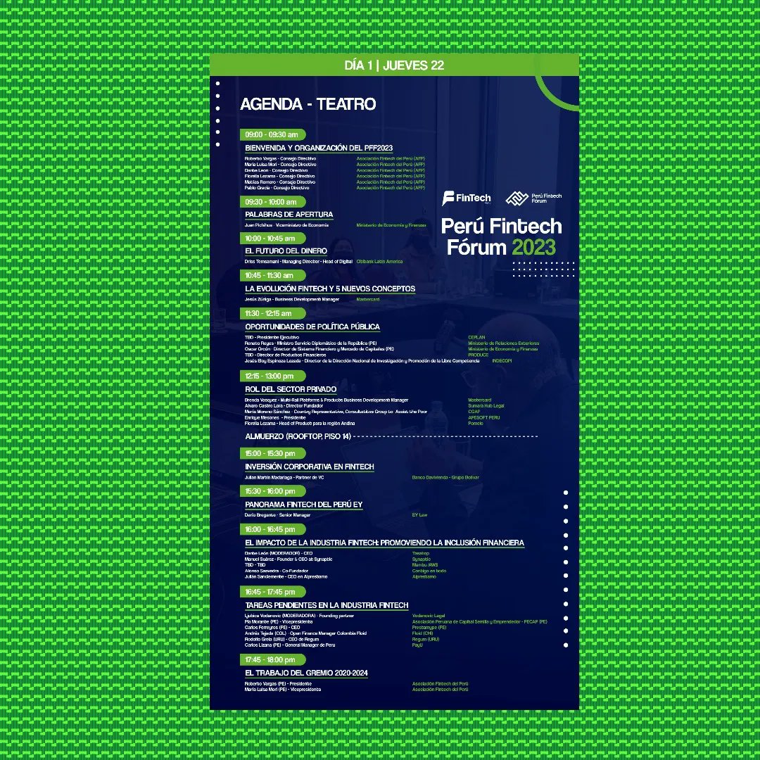 ⭐  ¡LES PRESENTAMOS NUESTRA AGENDA PERÚ FINTECH FÓRUM 2023! ⭐ 

Serán dos cuatro cargados de negocios, conexiones, oportunidades para conectar con el ecosistema corporativo y fintech, en un evento único en Perú 🇵🇪 🤯
Accede a la agenda de forma digital: buff.ly/41qFhZA