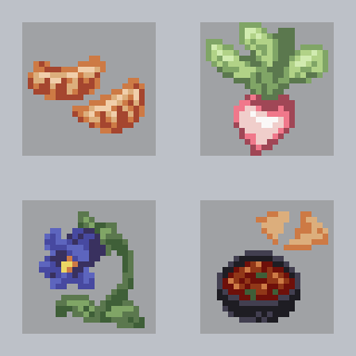 slushMuffin's tweet photo. #pixelart dumplings, turnip, charm blue, salsa. for a bunny https://t.co/4H92jluDen