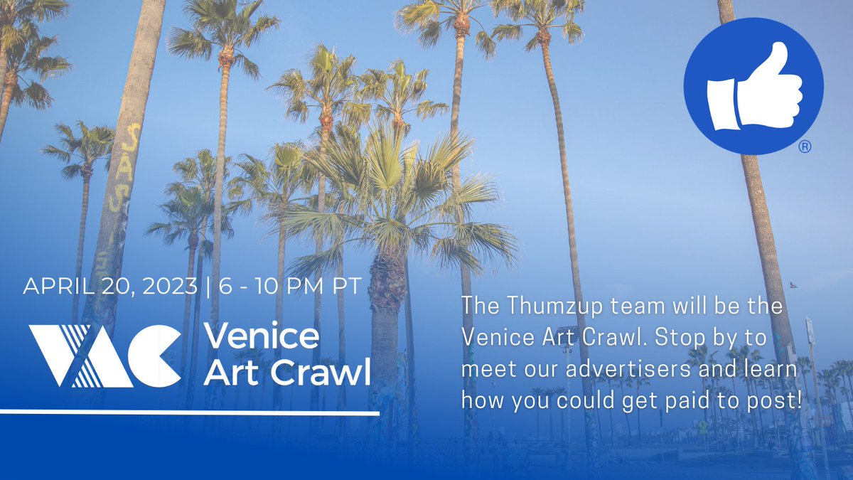 thumz_up's tweet image. Join us today for the @VeniceArtCrawl! 

Thumzup will be featuring platform advertisers including Saint Venetian, Respirospace, Unseensound, actress Theresa Ireland, and more during the event.

Stop by to meet our team &amp;amp; learn how to #getpaidtopost! #VeniceArtCrawl #VeniceChamber