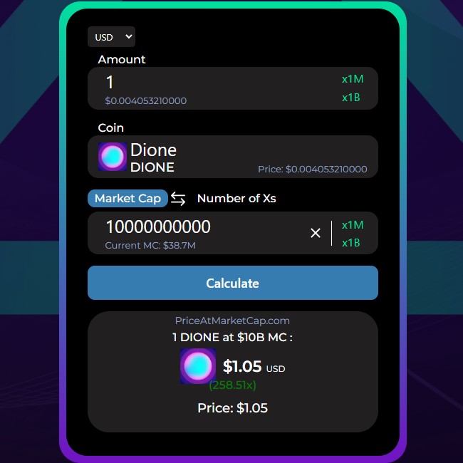 PriceAtMCap's tweet photo. ๐ฃ If $DIONE (@DioneProtocol) reaches $10B MC, that would be a 258x!
๐ฅ Calculate now the value of any amount of any coins if they reach a specific market cap on https://t.co/8iMCkac8zC
#PriceAtMarketCap #Crypto #Cryptocurrencies #CryptoCalculator #CryptoSimulation #CryptoTool https://t.co/ZsMiT1Rd6u