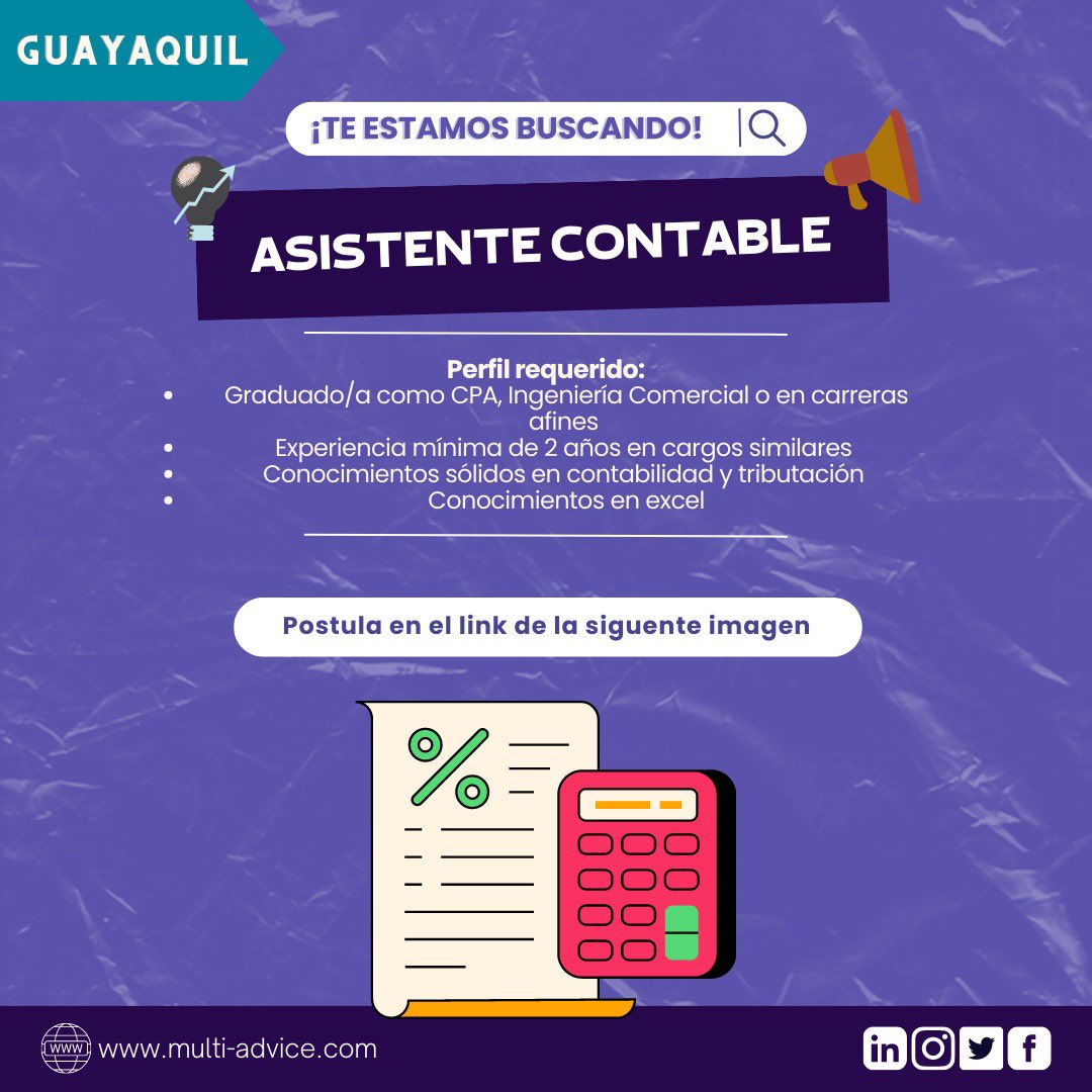 multiadvice_ec's tweet photo. #OfertaDeTrabajo

📢 Importante empresa se encuentra en la búsqueda de un/a Asistente Contable.

Si cumples con el perfil, ¡Postula!
📎Llena nuestro formulario: https://t.co/19HyXsFVo2

#MultiAdvice #SomosMultiAdvice #AsistenteContable #Contable #ConsultoraMultiadvice #Guayaquil https://t.co/WaaC0XUF2L