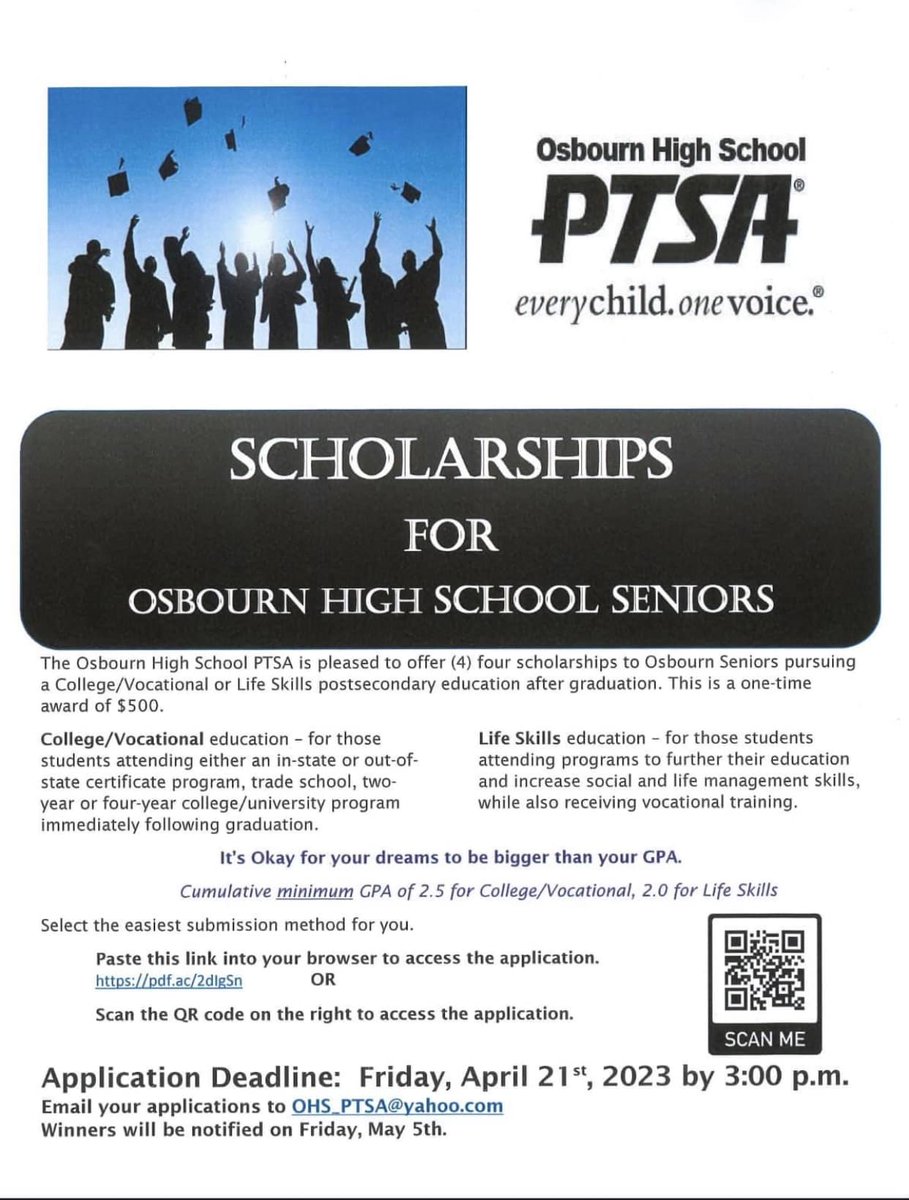 Don't forget the deadline for the PTSA Scholarship is tomorrow, Friday, April 21 by 3 p.m!