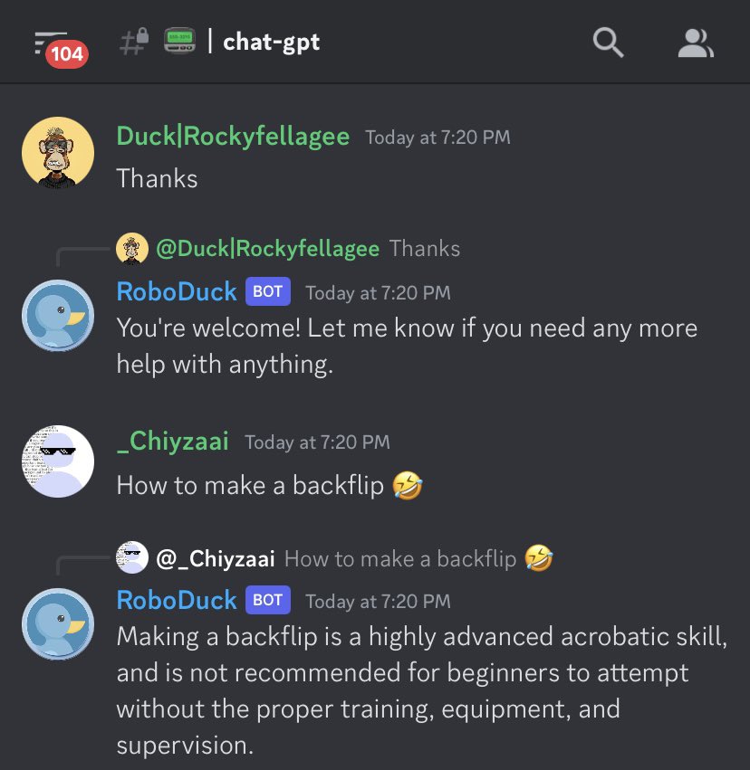 Another additional feature ⚙️

Want to learn anything, anywhere and anytime?

Use ChatGPT on the DuckiesFarm discord group. To use it, enter the ChatGPT channel and just type what you want to ask.

#XRP #XRPL #NFT #XRPNFT