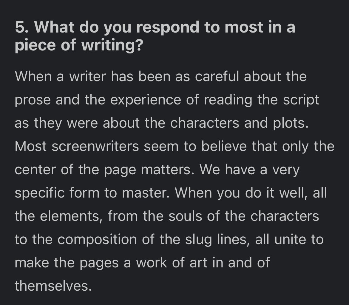 limitlessjest's tweet image. I love this answer from @OKBJGM in @BenBlacker's newsletter. I'm baffled and turned off when I find a seeming lack of attention to actual word-by-word craft in either screenwriting advice or scripts themselves. And conversely, delighted and compelled when such care is obvious