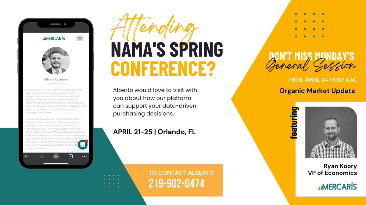Will you be attending the <a href="/NAMAmillers/">NAMA</a> Spring Conference April 21-25 in Orlando? Please email Alberto at alberto.anguiano@mercaris.com for more details on making data-driven #organicmarket decisions. #organic #organicgrain #organicagriculture #regenerativeag