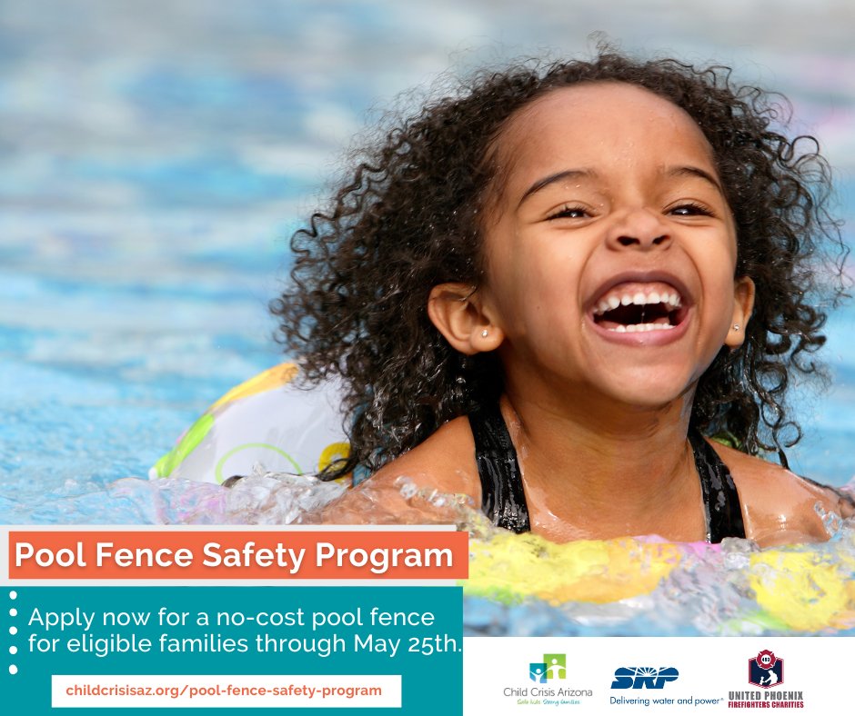 Maricopa County families are encouraged to apply for a no-cost pool fence through the link below.

This program is in partnership with @srpconnect and the United Firefighter Charities. 

For more information or to apply please visit: childcrisisaz.org/pool-fence-saf…
 
#WaterSafety