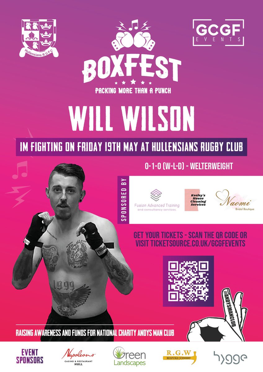 GCGFEvents's tweet photo. Will is looking to right a wrong in his long awaited GCGF debut. Will is really applying himself for a cause that means so much to him. Come show your support for Will next month 🙌🏼

Will’s Sponsors 🤝🏼
Fusion Advanced Training Ltd
keeleyscleaningservices
Naomi Bridal Boutique https://t.co/nvlY5L9DXH