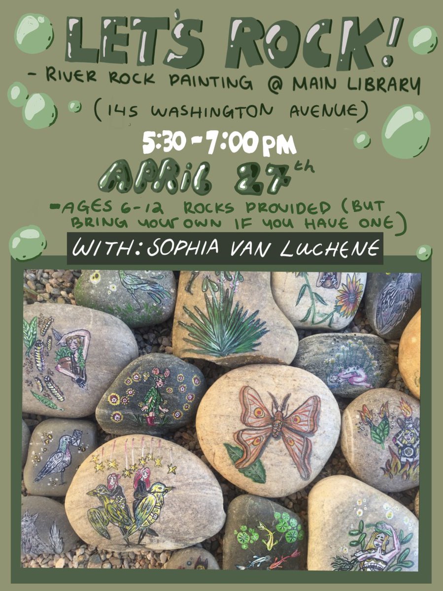 sfpl's tweet photo. LET'S ROCK! with Artist Sophia Van Luchene
River Rock Painting @ Main Library

#MainLibrary Community Room
Thurs, April 27, 2023
5:30 pm - 7:00 pm

Rocks provided or bring your own! https://t.co/RmuW11BGlu
