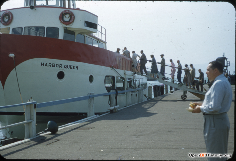 SFPort's tweet photo. Let's go for a spin on the Bay! Passengers climb aboard @Redwhitefleet Harbor Queen during her first year of service in 1954 at Pier 43. #throwbackthursday  

📷: @OpenSFHistory / wnp25.4339 https://t.co/XIjHYGkyKm