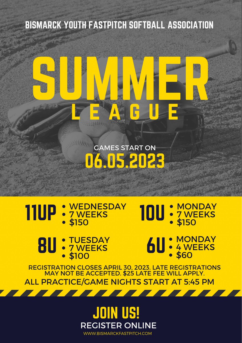 bisfastpitch's tweet photo. Summer league registration is closing soon! Requests received after April 30 may not be accepted. Late registrations subject to $25 late fee.https://t.co/GJBcJ0Q1dh
#fastpitch 
#fastpitchsoftball 
#softball 
#softballlife 
#youthsports 
#summertime
#bismarcknd https://t.co/WmZsTL7hsS