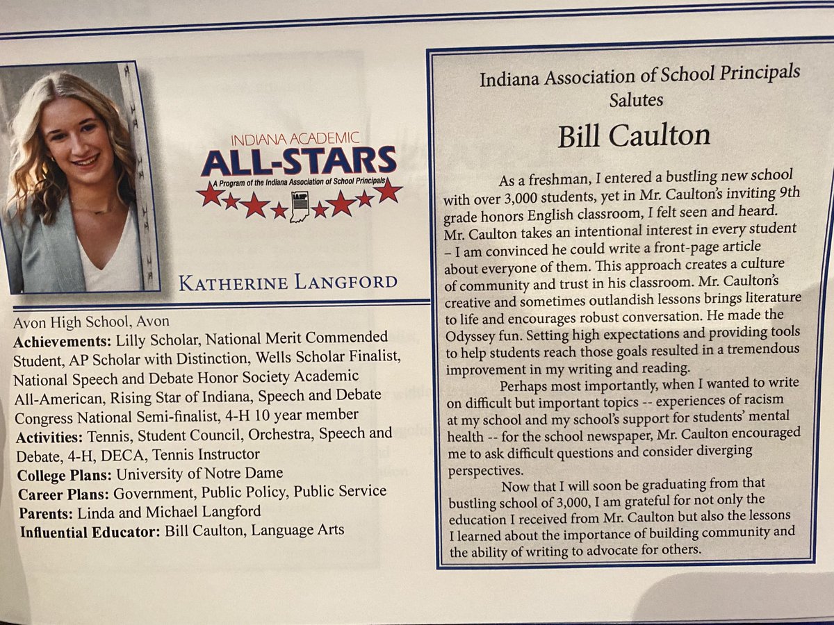 AvonSupt's tweet photo. ⁦@AHS_Orioles⁩ valedictorian Katherine Langford recognized today by ⁦@INPrincipals⁩ as 1 of 40 Academic All-Stars. She recognized AHS English teacher Mr. Caulton as her honored educator for impact he had in freshman English. Congrats to both! ⁦@AvonHSPrincipal⁩ https://t.co/73RdQ0Hpsk