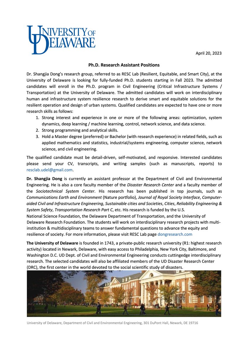 My research group has fully funded PhD openings for Fall 2023. Please email resclab.udel@gmail.com if you are interested!