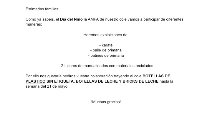RECAUDACIÓN DE MATERIALES RECICLADOS PARA EL DIA DEL NIÑO!

Necesitamos:

- Botellas de plástico sin etiqueta
- Botellas de leche sin etiqueta
- Bricks de leche

!Hasta la semana del 21 de mayo!

!Muchas gracias!