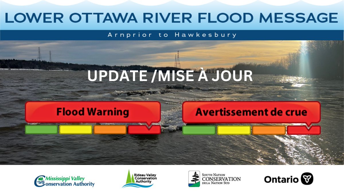 FLOOD WARNING UPDATE #1 - LOWER OTTAWA RIVER 

For more info: ow.ly/O3HQ50NOg7A

 AVERTISSEMENT DE CRUE MISE À JOUR NO 1 - COURS INFÉRIEUR DE LA RIVIÈRE DES OUTAOUAIS

Pour plus d'info: ow.ly/49Iy50NOg7y