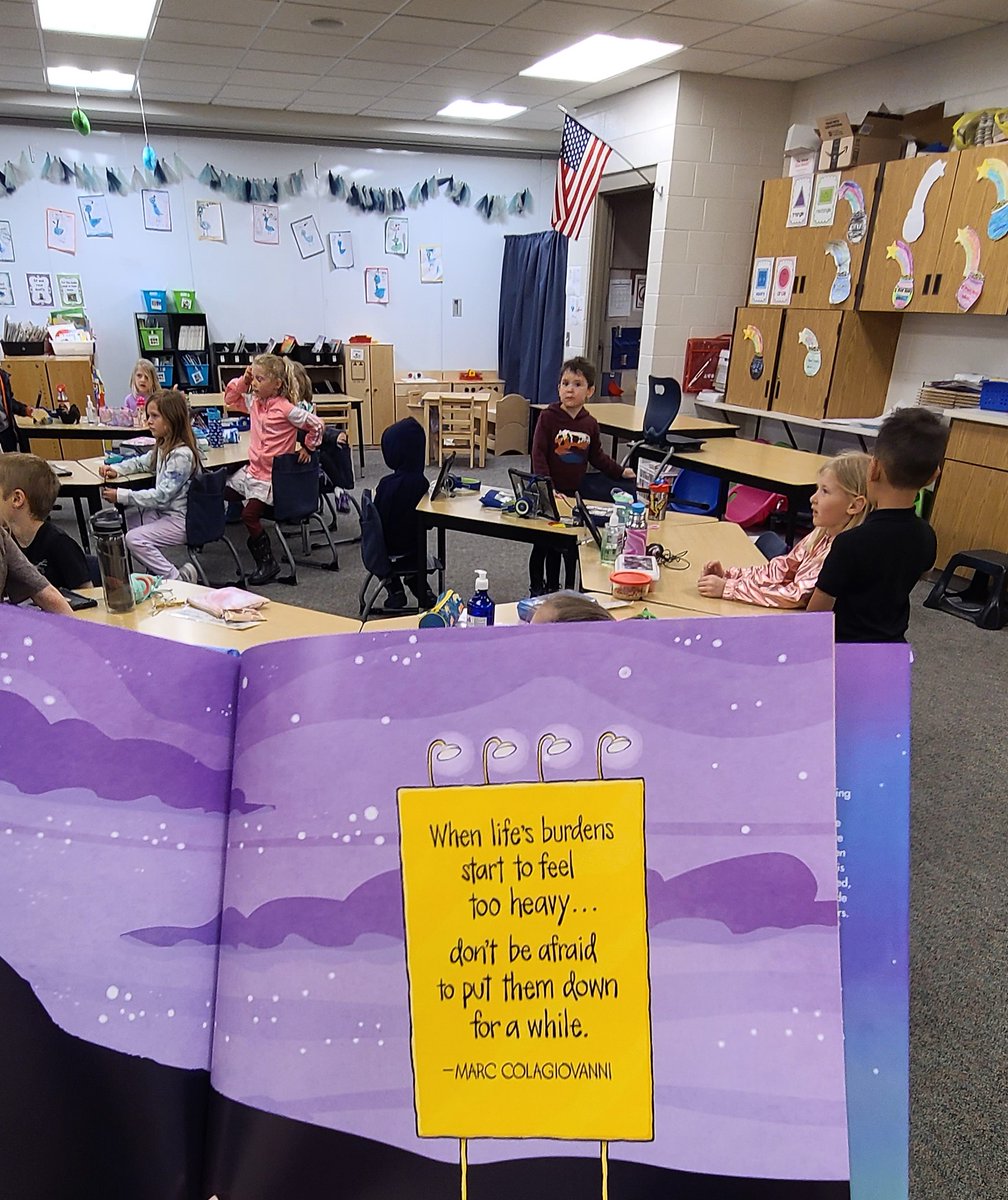 Dr. Mendham read "When Things Aren't Going Right, Go Left". This book for children (&amp; grownups!) reminds us: "When life's burdens start to feel too heavy ... don't be afraid to put them down for a while." Mrs. Zimmer's kindergartners are doing great things at ZQuest!