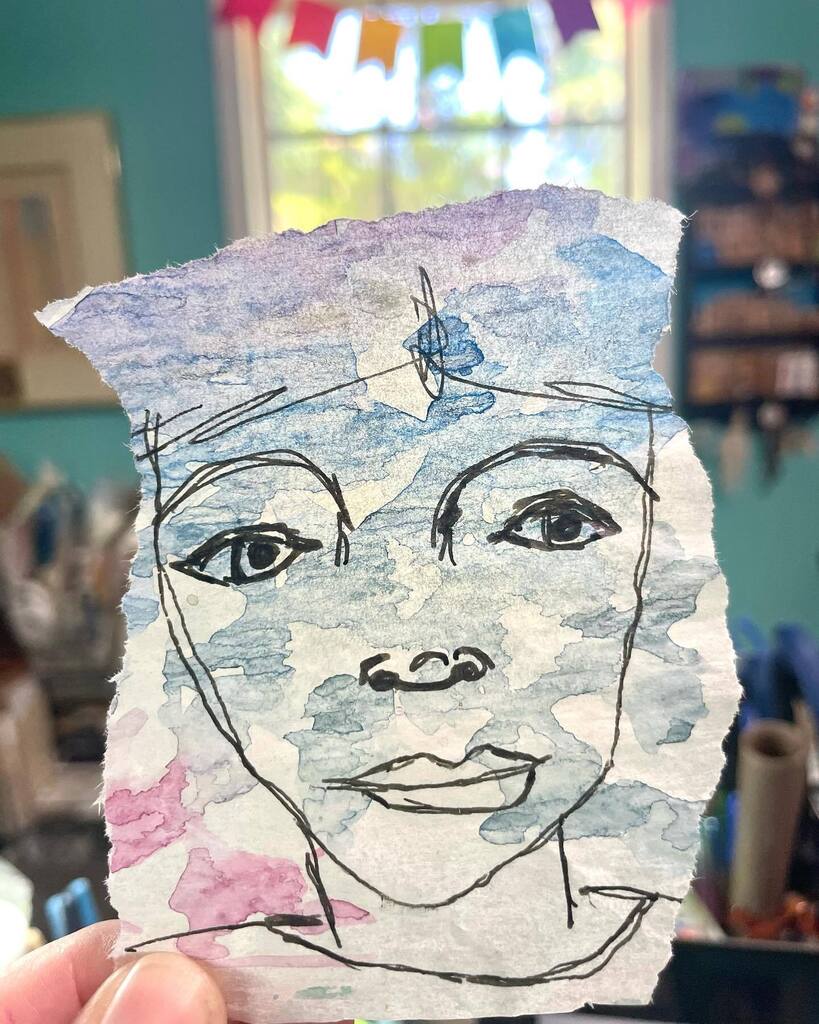CraftyHope's tweet photo. Day 58 of #making100faces for #the100dayproject
A scrap of tracing paper with watercolor on it and a new univalve pen…Oh, and a glimpse of my craft room view!
#faceaday #100dayproject #tracingpaper #uniballvision #facesketch https://t.co/uiKSYUZDuT https://t.co/PQwndOfMuM