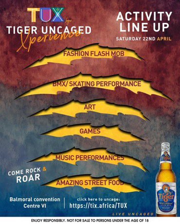 You'll tag #TIGERUNCAGEDXPERIENCE as the party of the month with this line up coming.

The music and DJ line ups will be a wild expecience plus the arts and food?? 🔥 🔥

Where are the party lovers on my TL?
Get your tickets here — tix.africa/TUX

#LIVEUNCAGED