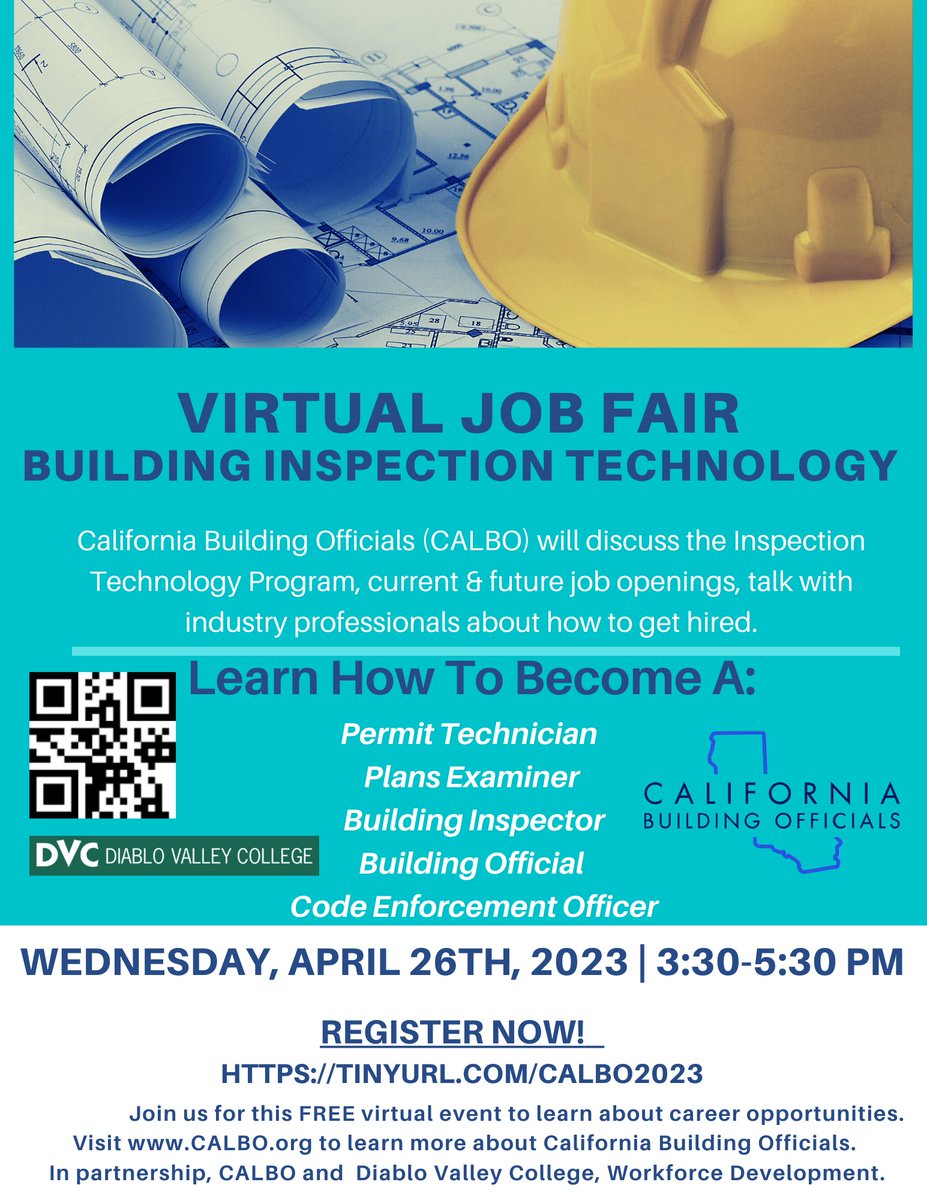 Please share! 📢Construction Technology Students👷‍♂️👷‍♀️🔍: This Job Fair is for YOU! April 26 3:30-5:30pm, register here: 
eventbrite.com/e/dvc-host-cal…
<a href="/orangecoast/">Orange Coast College</a>
<a href="/NorcoCollege/">Norco College</a>
<a href="/DVC_updates/">Diablo Valley College</a>
@swc_news
<a href="/HartnellCollege/">Hartnell College</a>
<a href="/CabrilloCollege/">Cabrillo College</a>
<a href="/ChooseCRC/">CRC</a>
<a href="/Coastline_OC/">Coastline College</a>
<a href="/SaddlebackColl/">Saddleback College</a>