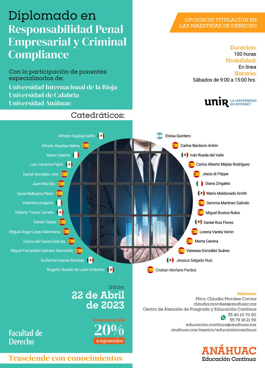 FDerechoAnahuac's tweet photo. Conoce en nuevo Diplomado en Responsabilidad Penal Empresarial y Criminal Compliance. 

 📅Sábados a partir del 22 de abril de 2023
⏰9:00 a 14:00 horas
📍Vía Zoom https://t.co/TJrKhBLscg
