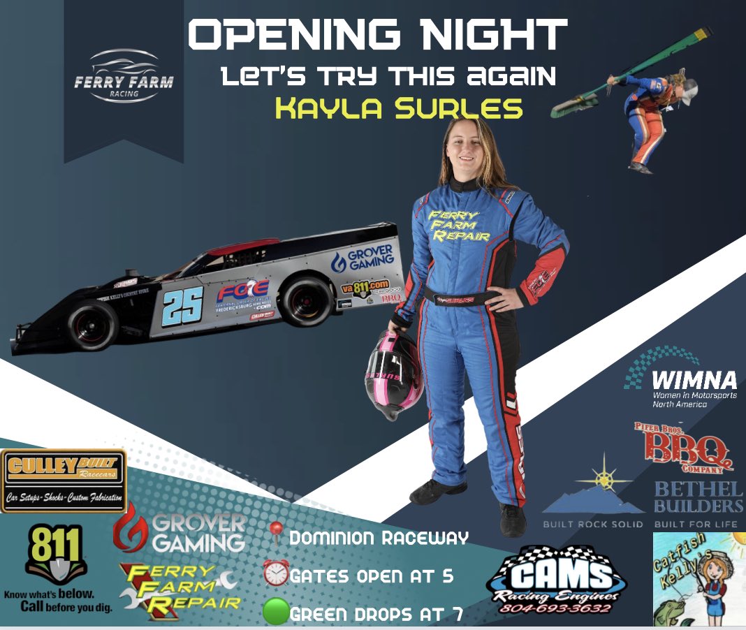FerryFarmRacing's tweet photo. ⁉️CAN WE GET AN OPENING NIGHT FOR THE MODIFIEDS❓
Kayla Surles is ready to sweep the twin night. 
Come out and support the team. 
📍Dominion Raceway in Spotsylvania Virginia
⏰Gates open at 5
🟢Green drops at 7 

#womeninmotorsports #womenindriving https://t.co/XmEtPcm9fQ