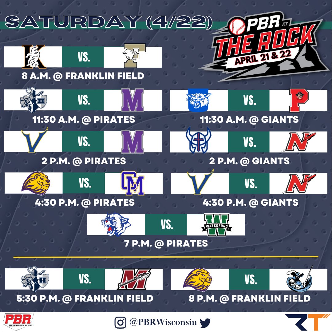 PrepBaseballWI's tweet photo. Tomorrow, we're headed back to The Rock Complex to host our annual #PBRatTheRock High School Invitational. 

Check out Friday's and Saturday's matchups below, and follow along throughout the weekend for game highlights and additional coverage. ⛅️ https://t.co/wHpp6dPmUe