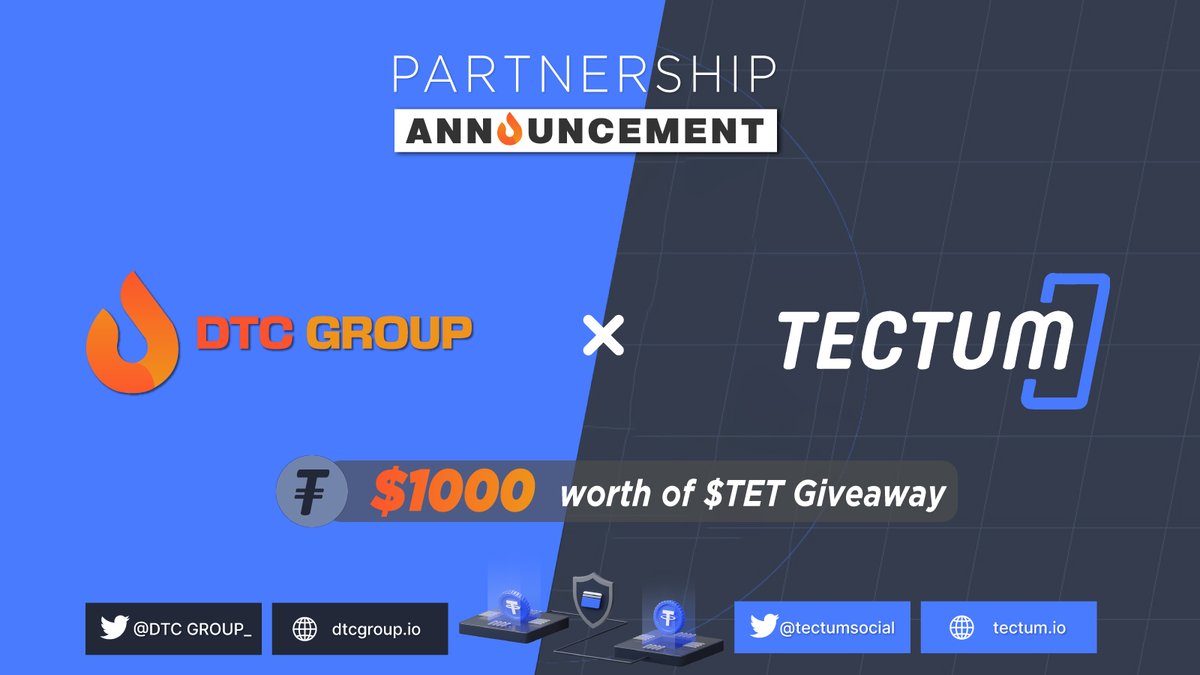 DTCGroup_'s tweet photo. We are proud to announce our partnership with   @tectumsocial
🏆 We are giving away $1000 worth of $TET to 20 winners you just have to

1) Follow @DTCGroup_  and @tectumsocial

2) Like, Retweet this post, and tag 2 friends!
✔️ World’s fastest Blockchain that powers the SoftNote: The Ultimate Layer 2 Scaling Solution for BTC and Cryptocurrencies

✔️ The Tectum Blockchain exceeds 1 million transactions per second using a proprietary Proof-of-Utility Consensus.

✔️ Presale going live in the next 24 hours - https://t.co/9ar5WjmAPZ

🔸DTC Group's Link Tree: https://t.co/TRUyOrxwtK

#DTCGroup #Tectum #Giveaway #Airdrop