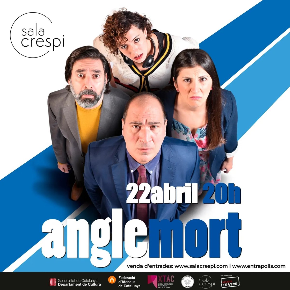 🎭📢 ANGLE MORT, la producció que arriba a la Sala Crespi de la mà d'<a href="/AteneusCat/">Federació d'Ateneus de Catalunya</a>, després de la seva estada a la <a href="/salaversus_gl/">Sala Versus Glòries</a>!

🔵 ANGLE MORT
d'#ApuntaTeatre
Escrita per Sergi Belbel i Roc Esquius
▫️Teatre, Comèdia
📌 22 abril 20h
🎟️ Entrades a salacrespi.com