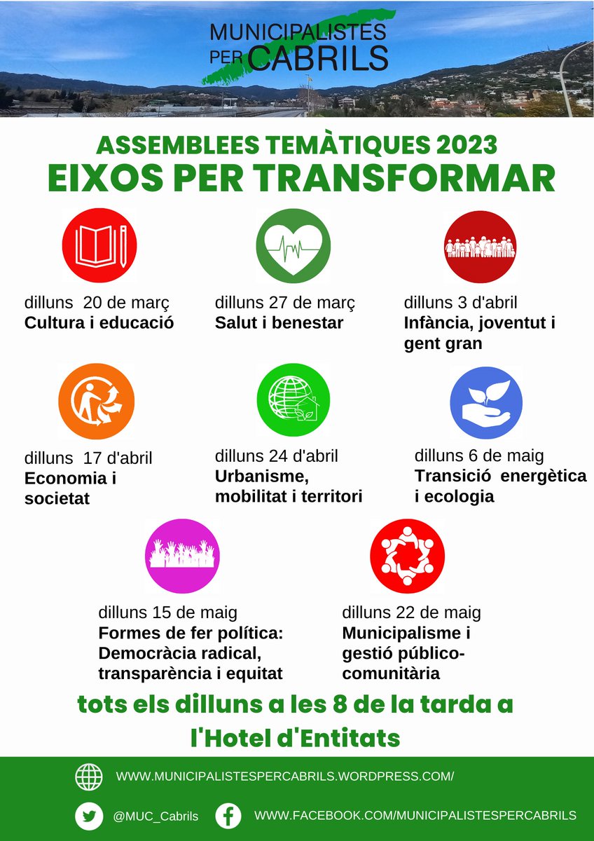 MUC_Cabrils's tweet photo. Si vols un #Cabrils diferent, si estàs cansada de conseqüències d'un urbanisme dispers  com l'oblit de determinats barris i problemes de connexió, t'esperem dilluns 24 a les 8 a l'Hotel d'Entitats  per definir accions per #TransformarQuotidianament!  #MUC  #municipalisme https://t.co/bbMf0Ha9TG