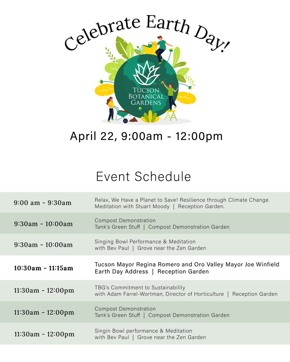 Enjoy activities for families and children as well as garden meditation, sound baths, and compost demonstrations. FREE with admission! tucsonbotanical.org/event/earth-da…
#earthday