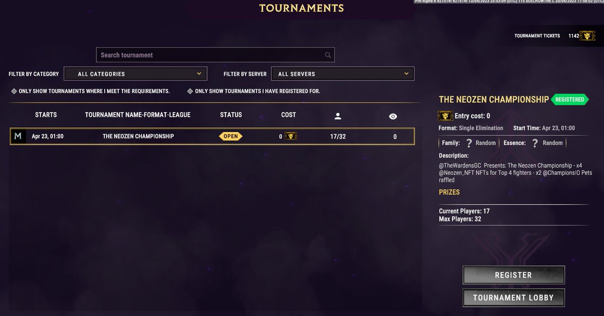TheWardensGC's tweet photo. Over half of the spaces for the @TheWardensGC X @NEOZEN_NFT 1v1 tournament has been filled in the first hour! Don't miss out, sign up in game via @ChampionsIO⚔️
The tournament is free to enter with prizes on offer for the top fighters - will you bring home glory? #Massina #SYITA https://t.co/CuUvkwfNQa