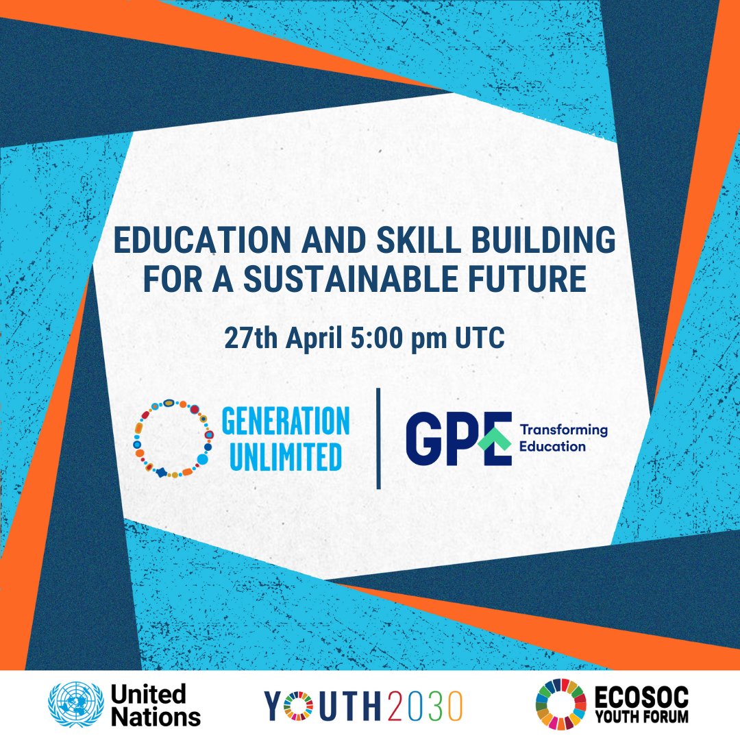 What does it take to create sustainable futures for young people?

Join GPE and <a href="/GenUnlimited_/">Generation Unlimited</a> for this session during the <a href="/UNECOSOC/">UN ECOSOC President</a> #Youth2030 Forum and discuss why access to education and skills is paramount: g.pe/ucaS50NM0xH

<a href="/UNYouthEnvoy/">UN Youth Envoy</a> #TransformingEducation