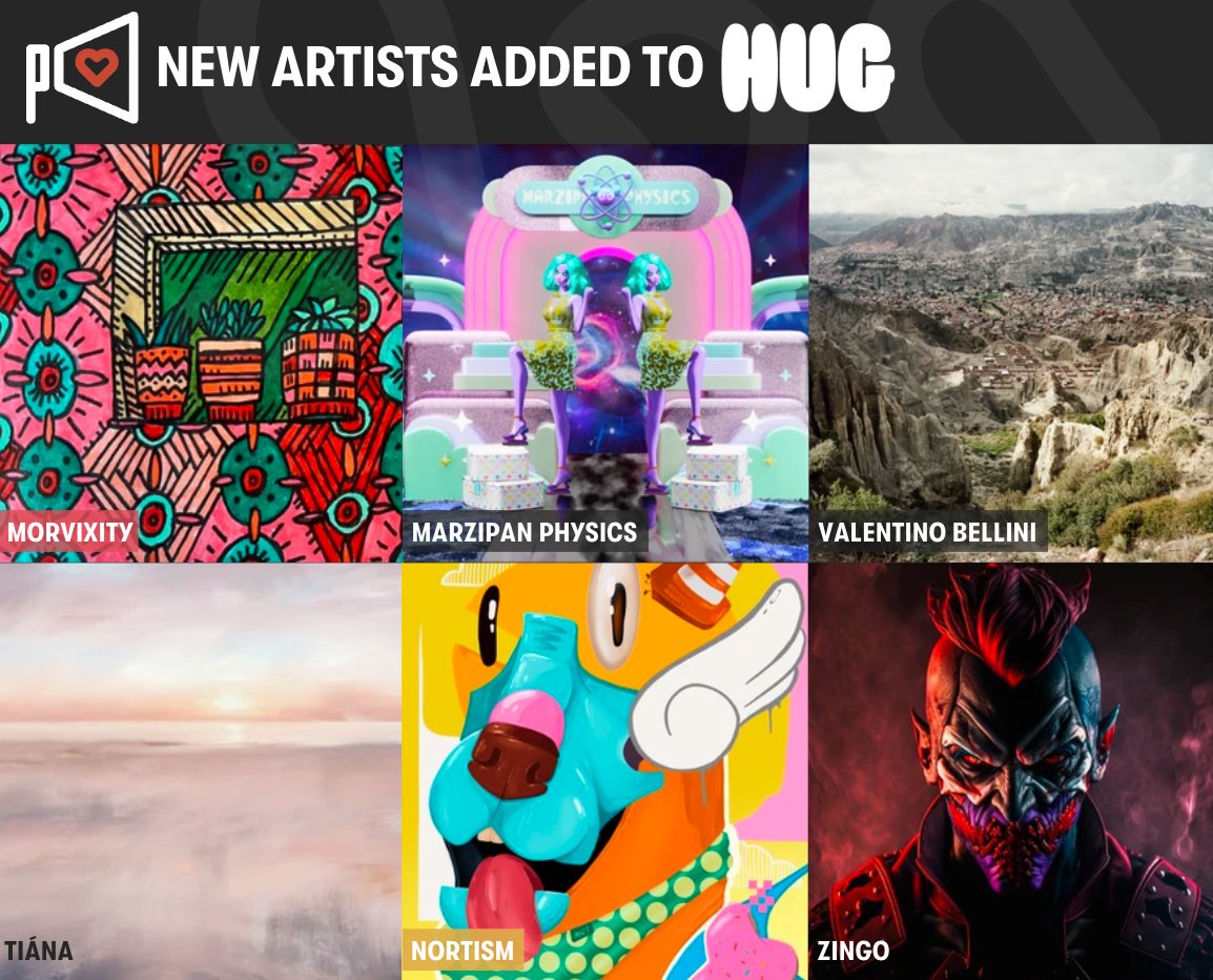 Congratulations to the latest artists curated by our community and added to HUG 🎊

<a href="/morvixity/">Morvixity</a>
<a href="/MarzipanPhysics/">Marzipan Physics</a>
<a href="/ducciok/">Valentino Bellini</a>
<a href="/wolfovaartist/">Tiána 🤍 ART</a>
<a href="/NftNort/">Nortism.eth/.tez</a>
<a href="/nftzingo/">Zingo</a>

Welcome! We can't wait to see how you customize your profiles. Check your emails for instructions 🤗✨