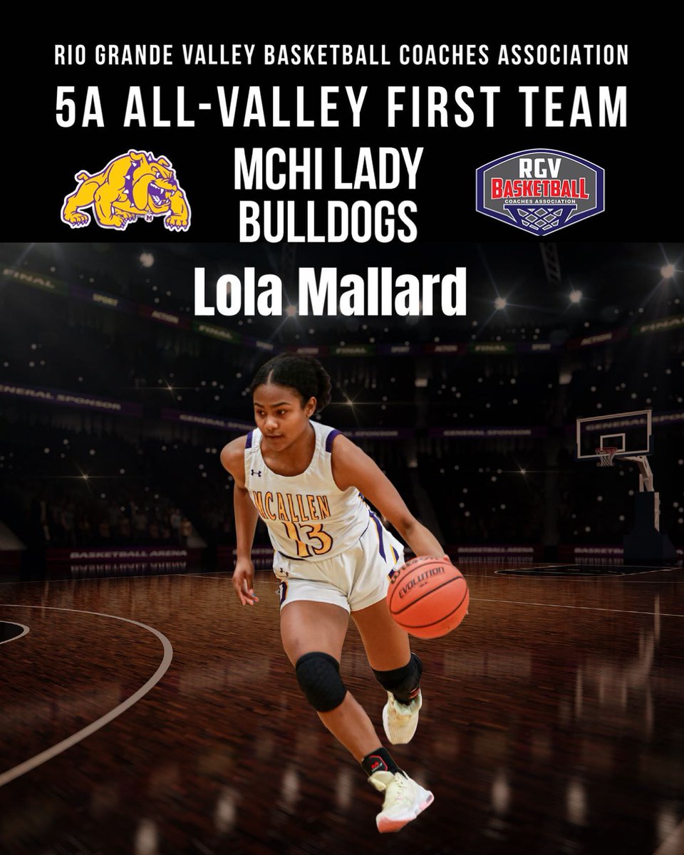 Congratulations to Junior Guard, #13, Lola Mallard for making the RGV Basketball Coaches Association First Team. Way to represent the purple and gold! <a href="/Mchi_Yearbook/">McHiYearbook&News</a> <a href="/McAllenISD/">McAllen ISD</a> <a href="/lopezjay/">McHi Athletic Pride</a> <a href="/McHiPride/">Dr. Albert Canales</a> <a href="/LadyBulldogBB/">McHi Lady Bulldog BB</a>