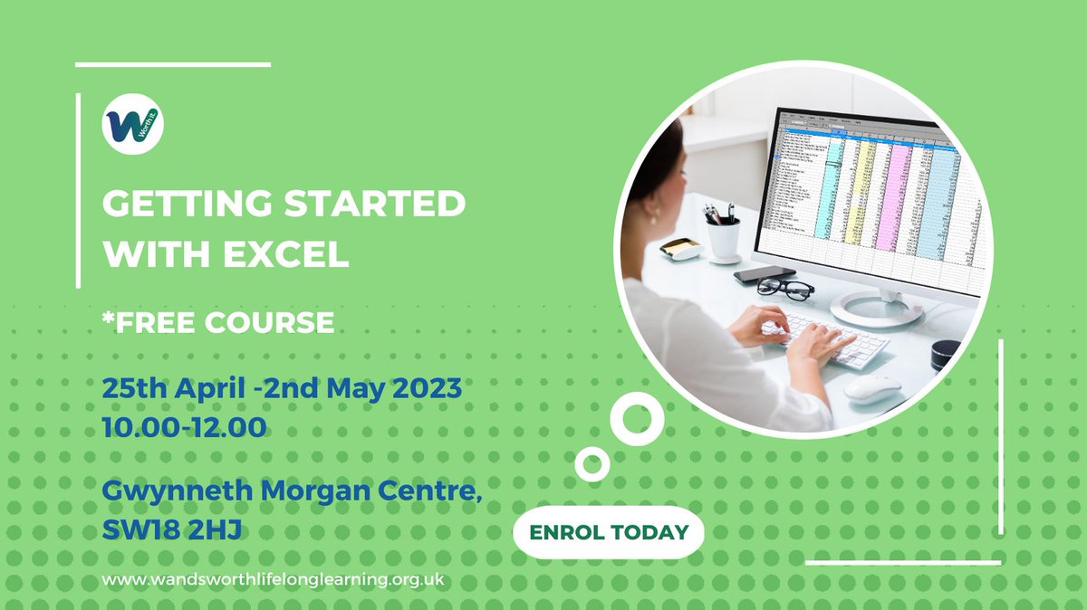 WBCLLearning's tweet photo. Learn the skills to carry out basic #Excel tasks such as how to create spreadsheets, editing tools &amp; basic formulas. Learn in the classroom with F2F coaching from a tutor. Starts soon so register now: https://t.co/ZrPqmWVoMI
#excelcourse #freecourse
#wandsworthlifelonglearning https://t.co/PjP9jS0w93