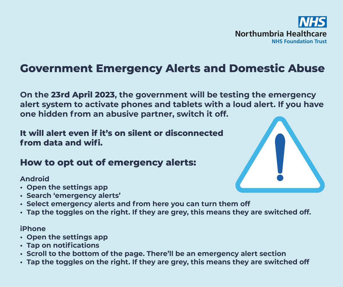 NorthumbriaNHS's tweet photo. We've all probably heard about the planned emergency alert test on Sunday, but we're sharing this with anyone experiencing domestic abuse and who has a hidden device.

Like and share to get the message out there to everyone that might need it 💙 https://t.co/MggirNS24V