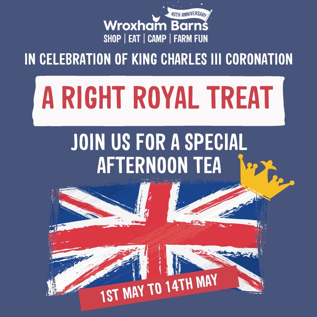 You are cordially invited to a Royal afternoon tea! In celebration of the upcoming coronation of King Charles III, we have given our fabulous afternoon tea the royal treatment. For only £15.99 (£8.99 per child). Book here 👉bookings.wroxhambarns.co.uk/book/a-right-r…