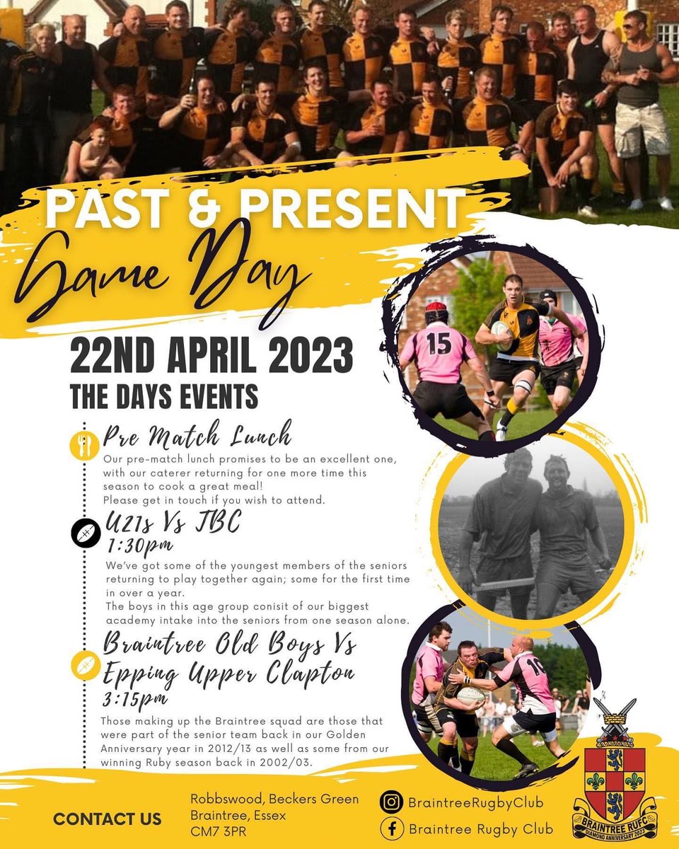 ⁦<a href="/BraintreeRUFC/">Braintree RUFC</a>⁩ is 60 this year and as part of our Diamond 💎 Celebrations we have a great day of rugby on 22nd April... Come at watch our old academy boys (u20s) play ⁦@EssexUniRugby⁩ 130pm KO 🟠⚫️🟠⚫️ at Robswood Braintree BBQ Outside Bar and some great rugby