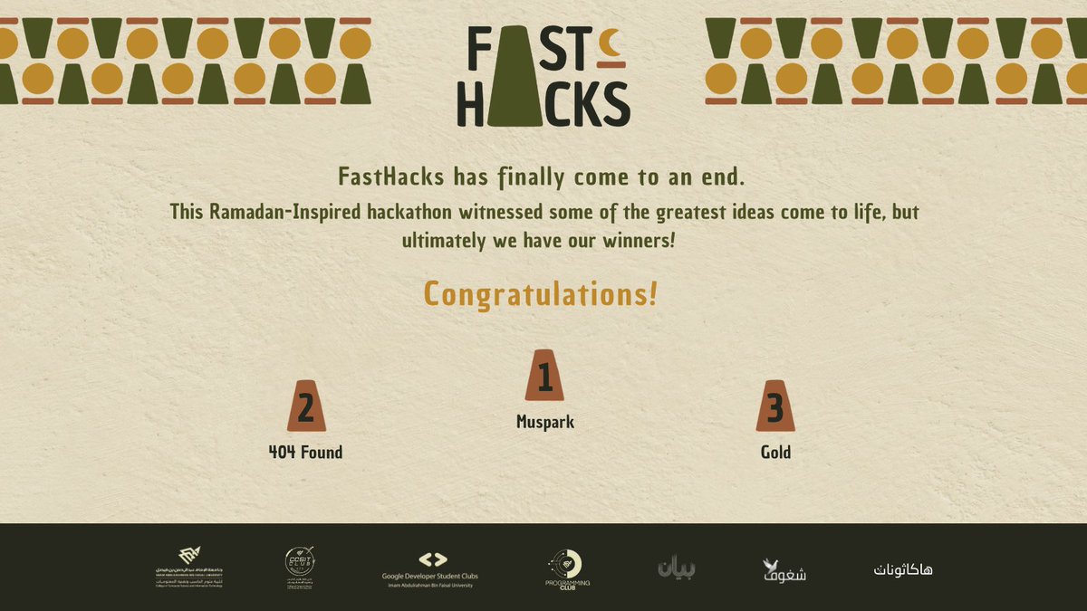GDG_IAU's tweet photo. We are thrilled to announce the winners of the FastHacks Hackathon! First place goes to Muspark, second place goes to 404 Found, and third place goes to Gold. Congratulations to all of you for your amazing hacks and hard work!🏅 https://t.co/BReiVxSeRp