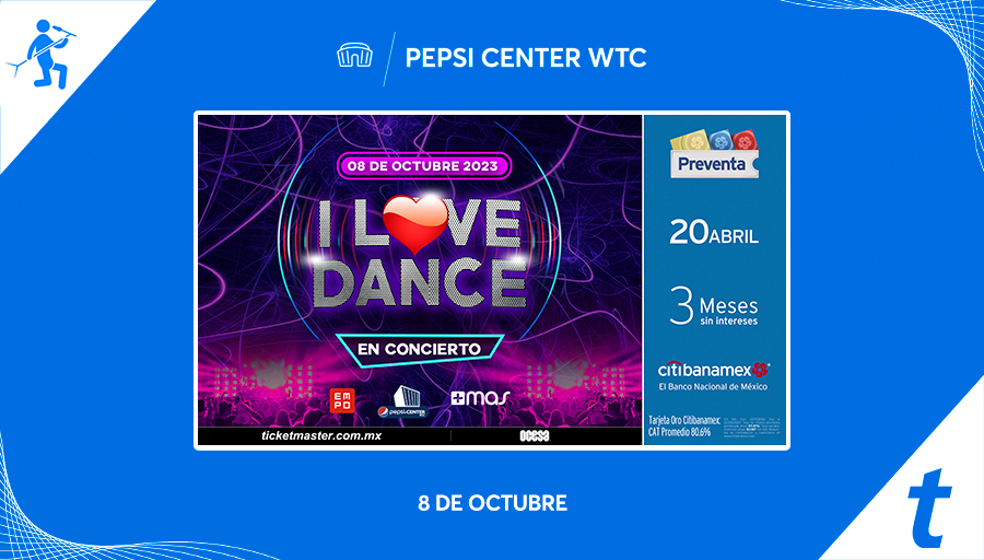 🎉 HOY inició la #PreventaCitibanamex para que cantes y bailes con los temas de los artistas que marcaron una época en #ILoveDance en el #PepsiCenterWTC 🙌    

Compra aquí los 💺💺 que ocuparás este 8 de octubre 👇 
tkmx.link/I_Love_Dance