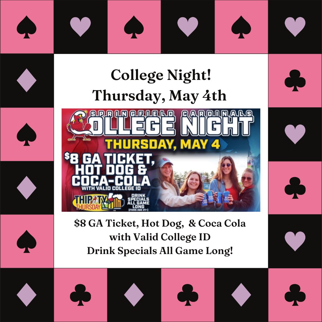 We’ve got another amazing sponsor for you… The Springfield Cardinals! ⚾️😁

They’ve got another College Night happening on Thursday May 4th and this is a deal you won’t wanna miss out on. 

An $8 GA ticket, a hot dog, a Coca Cola, and drink specials the whole night? Say less.